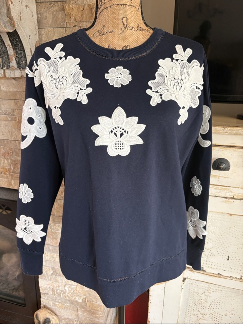 Victoria Beckham for Target navy crew neck sweatshirt w white floral appliqué